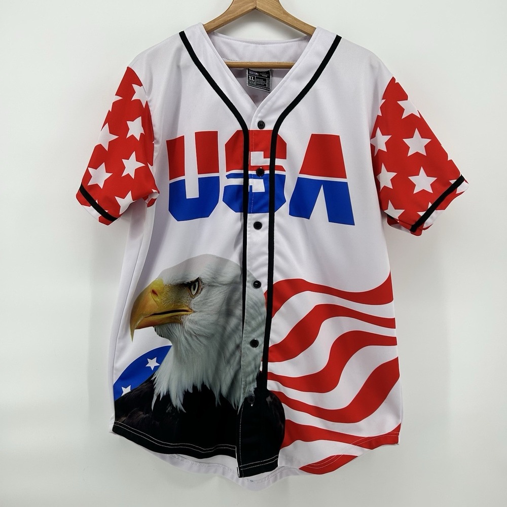 USA Drinking Team Baseball Jersey Mens XL Eagle American Flag Shirt #1 Americana